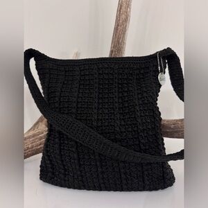 The Sak Black Crochet Crossbody Bag Knit Zip Top Messenger Boho Purse